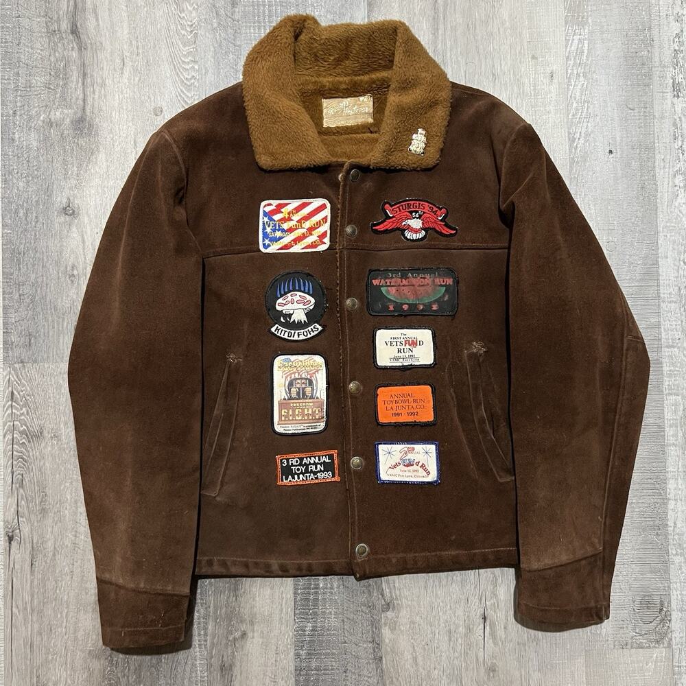 VTG Tregos Leathers Suede Snap Biker Patched Jacket Harley Davidson Shovelhead